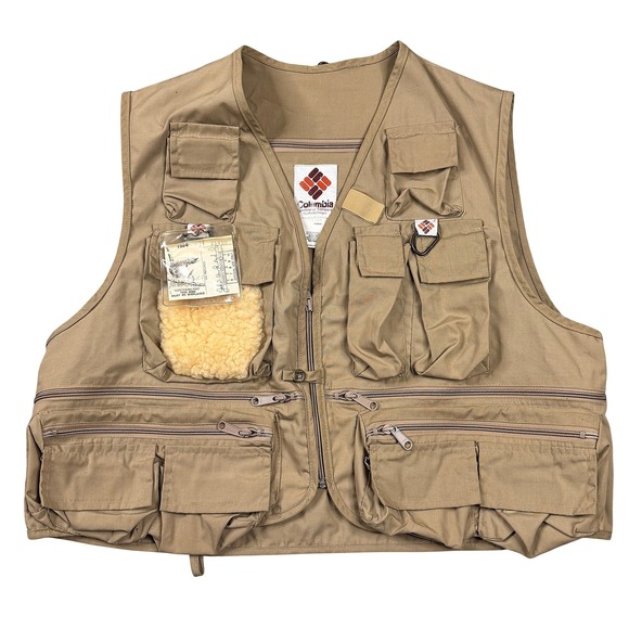 Vintage Columbia Fly Fishing Vest Tan Khaki Multi-Pocket Utility Mens XL 1984